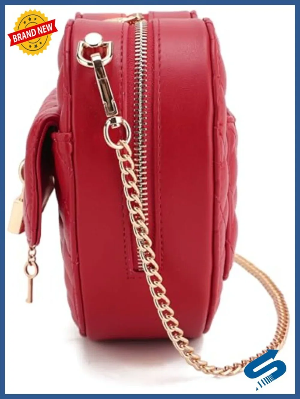 Vegan Leather Heart Shape Crossbody Bag with Chain Strap, Zip Closure